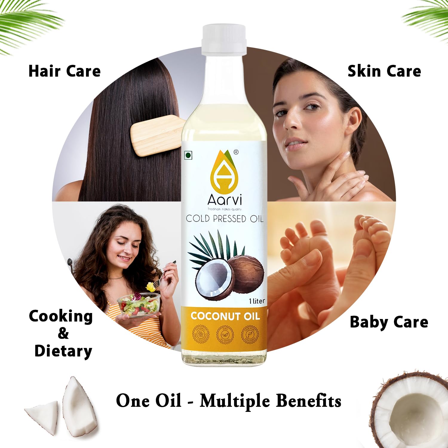 AARVI Cold Pressed Coconut Oil 500ml x 2 | Wood Pressed Coconut Oil | Unrefined Multipurpose Oil for Cooking, Hair Care, Skin Care, Baby Massage & Oil Pulling | Pack of 2 3