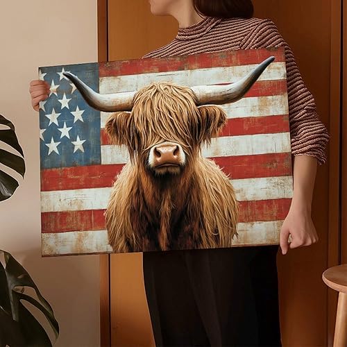 Miniatura 8 de JDBeehpy Arte de pared de vaca de las tierras altas de granja, bandera americana, sin marco, póster patriótico para el Día de la Independencia del 4