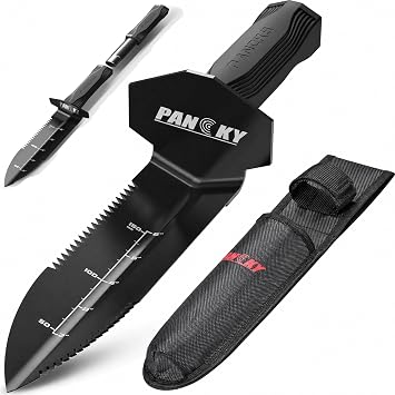 PANCKY Metal Detector Shovel with Extended Handle & Carrying Sheath, Heavy Duty Double Serrated Edge Metal Detecting Digging Tool, Digger Trowel for Gardening, Camping