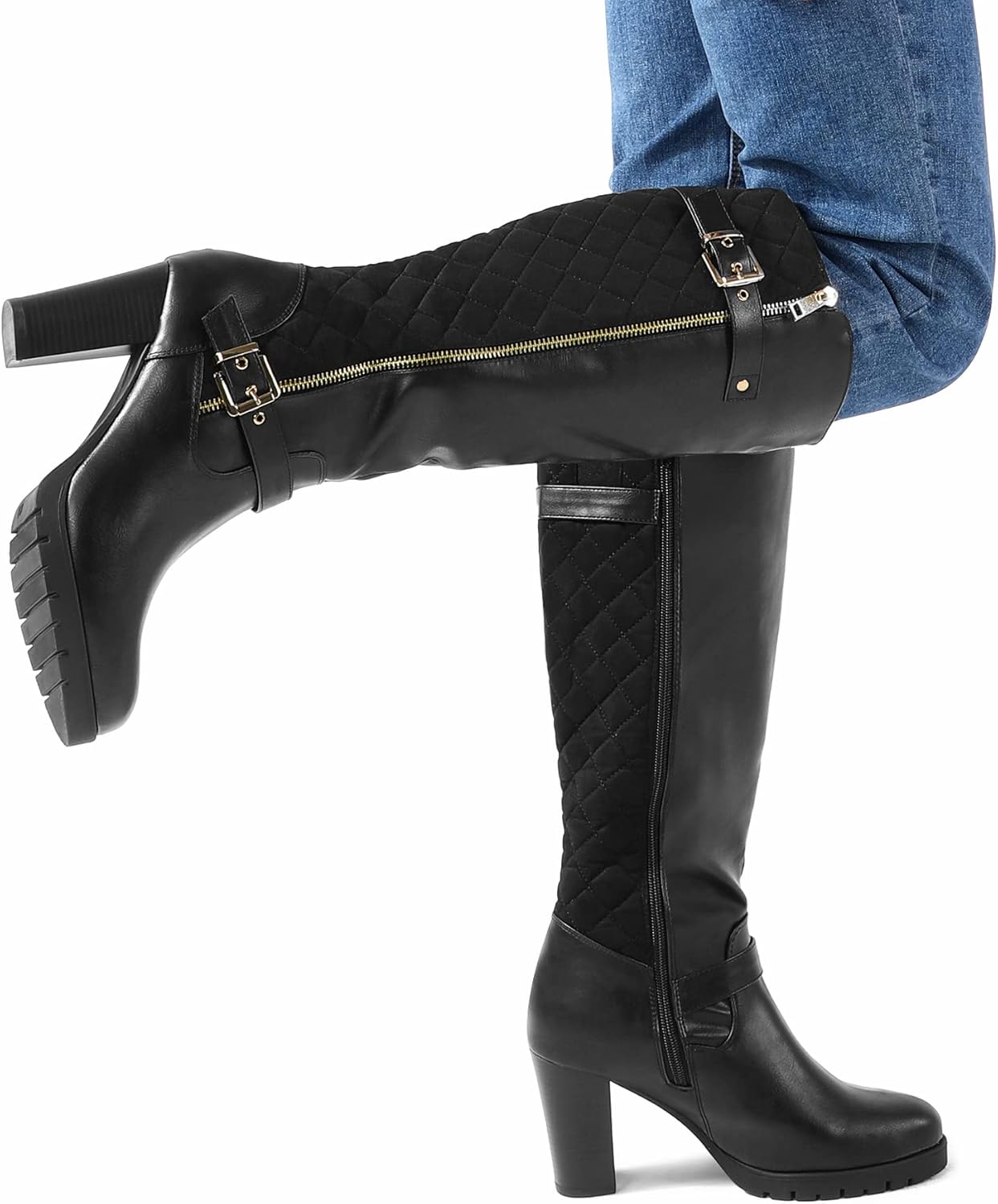 mysoft Women's Knee High Boots Fashion Chunky Block Heel Warm Winter Boots with Side Zippers - Image 8