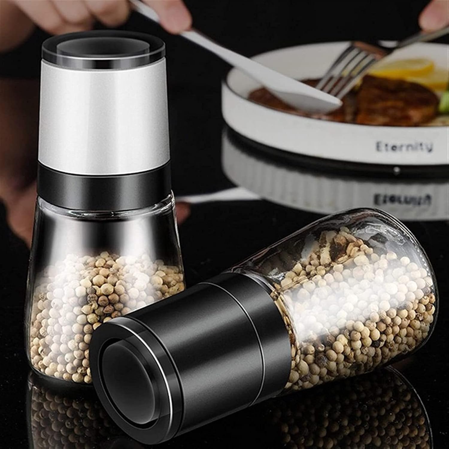 Salt and Pepper Shaker (1 pc) - Premium Salt or Pepper Grinder with Adjustable Ceramic Coarseness - Brushed Stainless Steel and Glass Body Mill Set