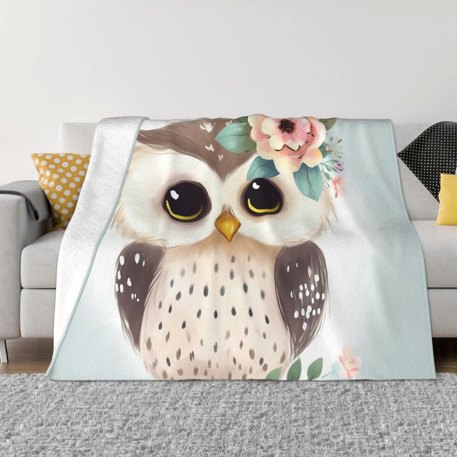 Fodpand Black Cute Owl With Flowers Flannel Blanket 80"X60" - Ultra-Soft Lightweight Throw Blanket For Bed, Sofa, And Couch - Luxury Air Conditioning Blankets - Cozy Warm Blankets For All Seasons