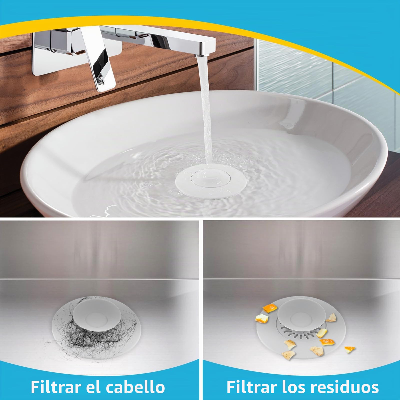 HUAERSICO Tapón de Drenaje Universal 3 Piezas - Suave Tapon Bañera Silicona - Tapón de Lavabo Universal a Presión con Filtro de Comida y Pelo para Lavabos, Fregaderos y Bañeras