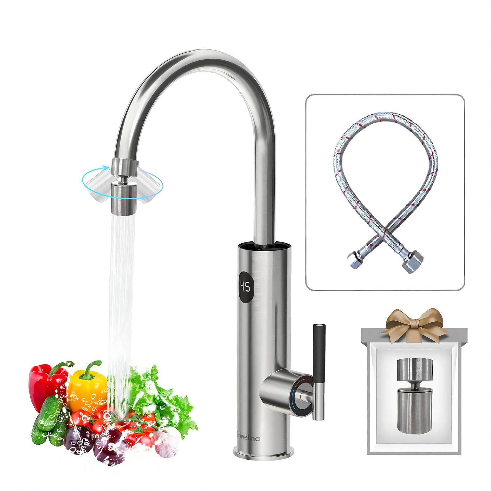 Grifo de agua eléctrico de 220 V con calentador de agua giratorio de 360 grados y pantalla digital, grifo de agua caliente con boquilla universal (plata)