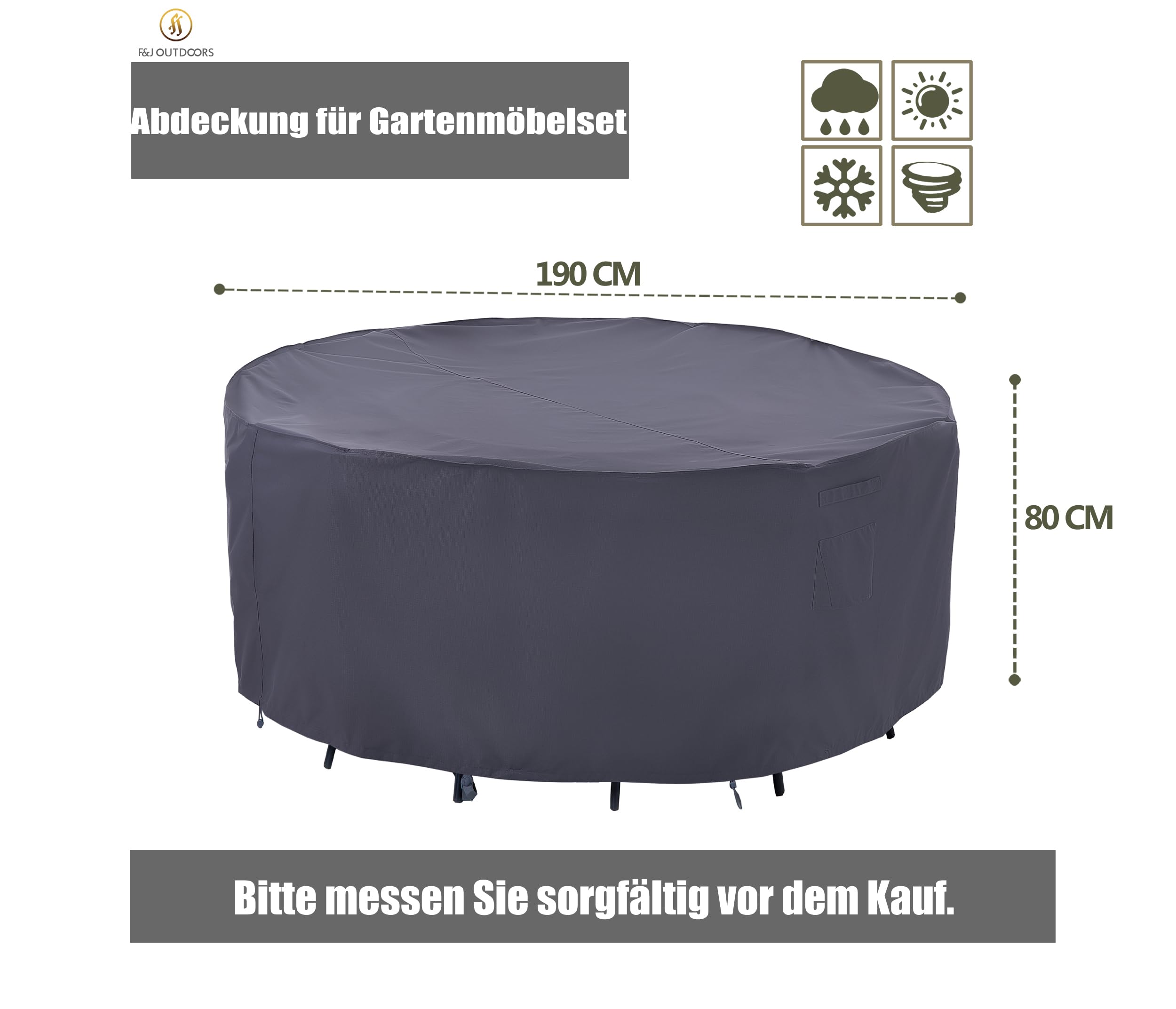 Housse De Meubles De Jardin Ronde 190x80 Cm – Imperméable, Anti-UV, Résistante Neige & Vent – Gris – Protection 4 Saisons