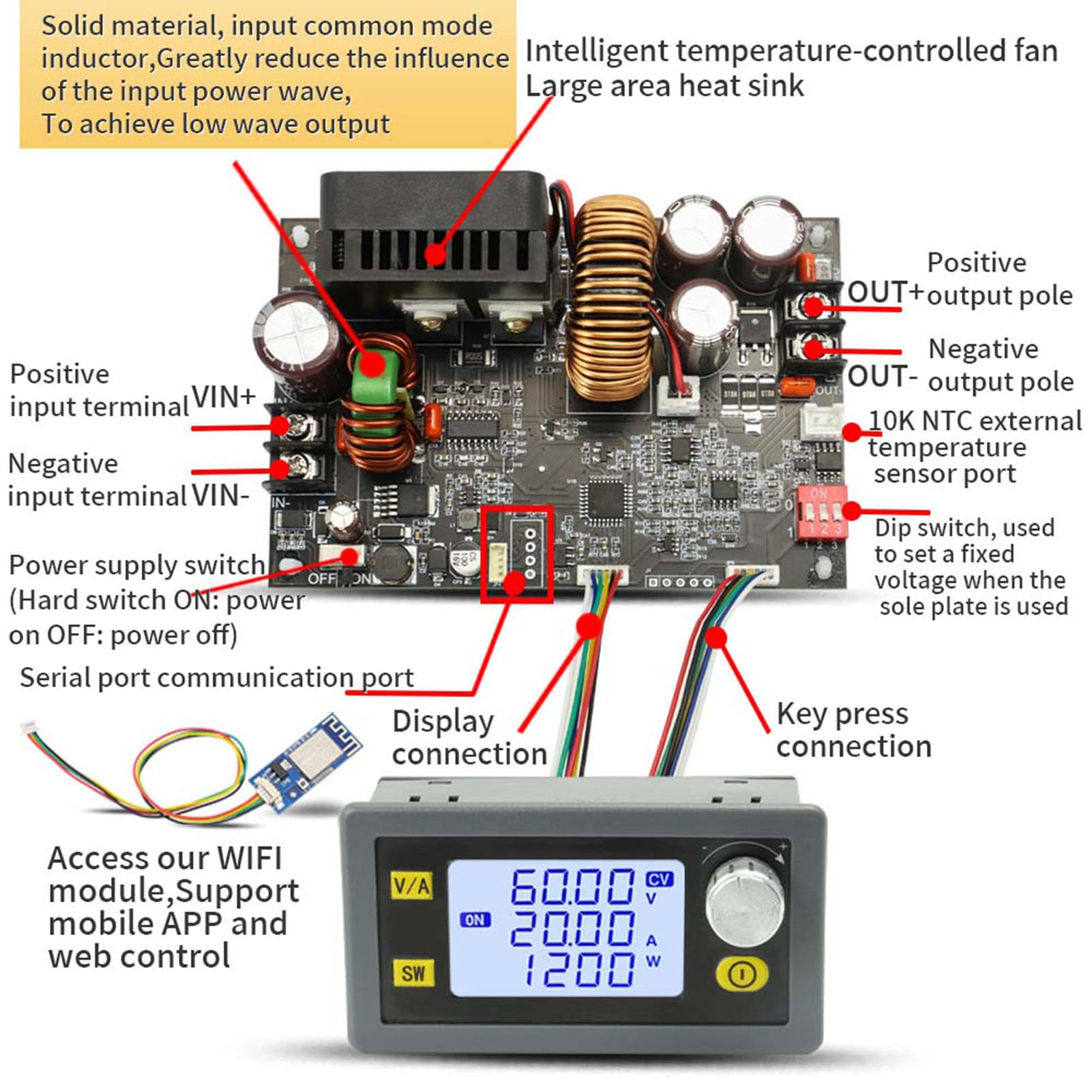 Stabilizzatore di Tensione CC, XY6020L Alimentatore di Tensione CC Regolabile CNC 20A 1200W Modulo di Compensazione di Tensione Costante Uscita 5V 9V 12V 24V 36V 48V 60V