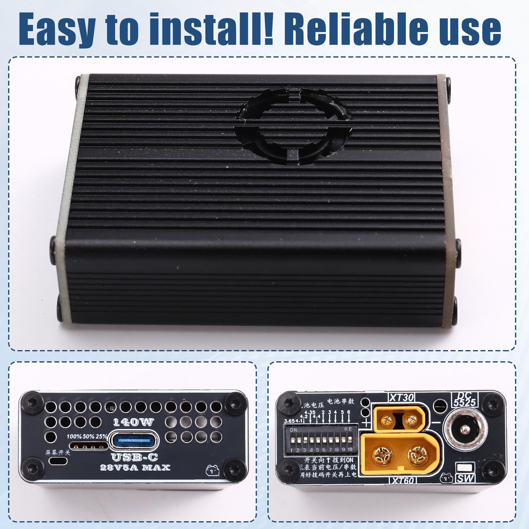 PD3.1 - Caricatore rapido bidirezionale da 140 W, tipo C, USB 2S, con ventola per batterie LiFePO4/agli ioni di litio, PD3.1/QC4+, nero