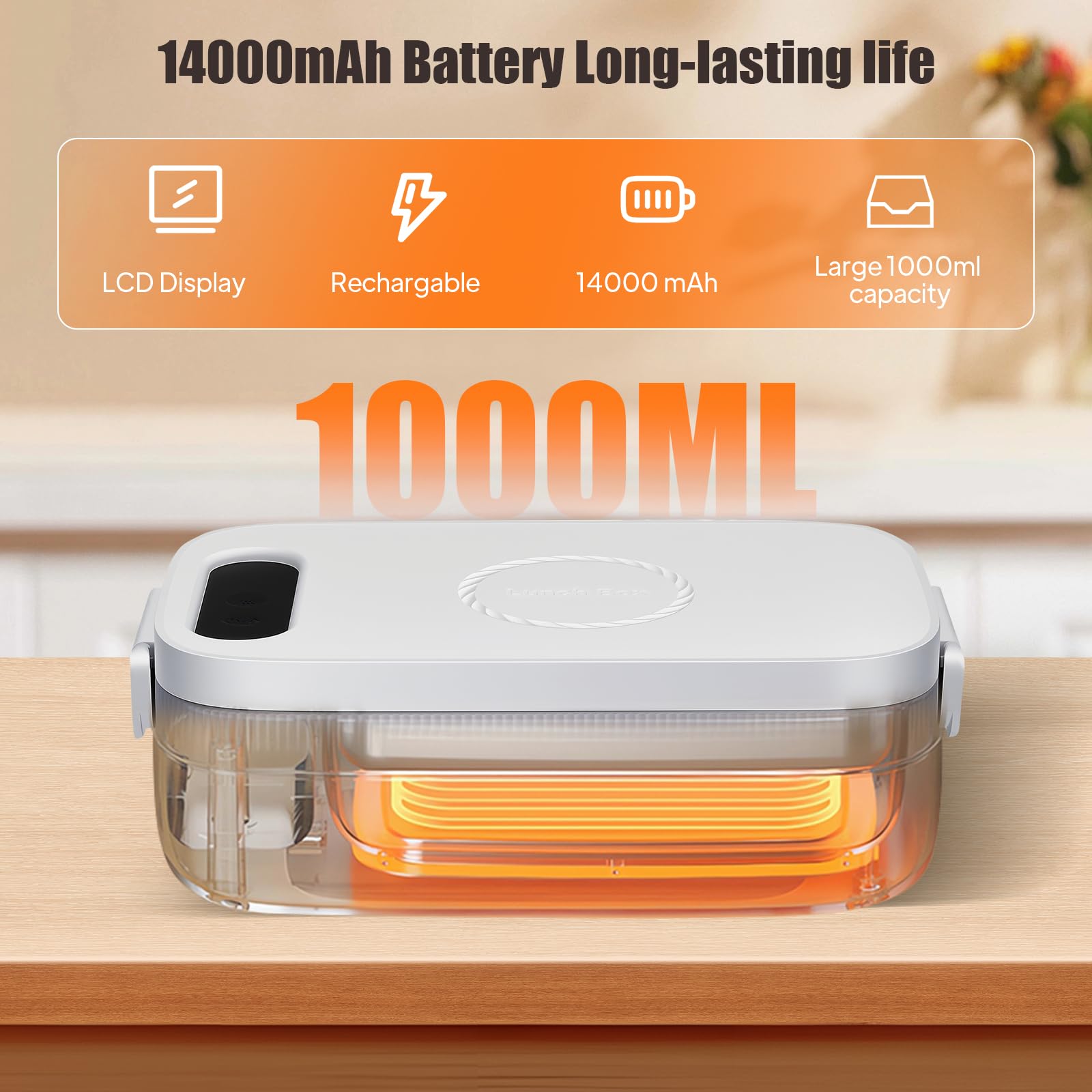 Gamelle Chauffante, 1L 60W Lunch Box Chauffante, Boîte à Déjeuner électrique Acier Inox pour Adultes, Hommes et Femmes, Chauffage Rapide Gamelle pour Bureau, École, Voyage, Voiture