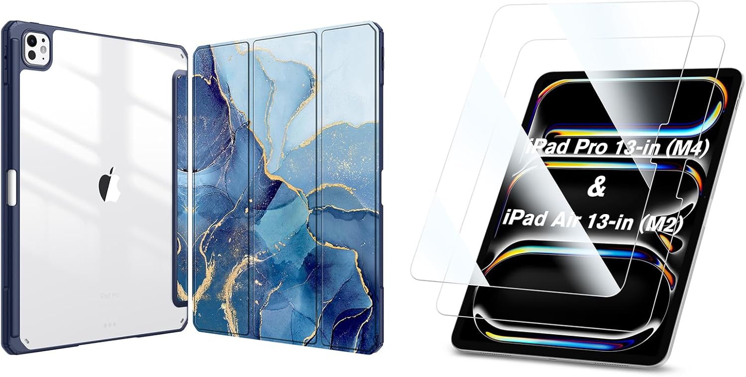 Fintie Bundle: Fintie Hybrid Slim Case for iPad Pro 13-inch (M4) 2024, [Built-in Pencil Holder] Shockproof Cover Clear Transparent Back Shell + [2-Pack] Tempered Glass Screen Protector