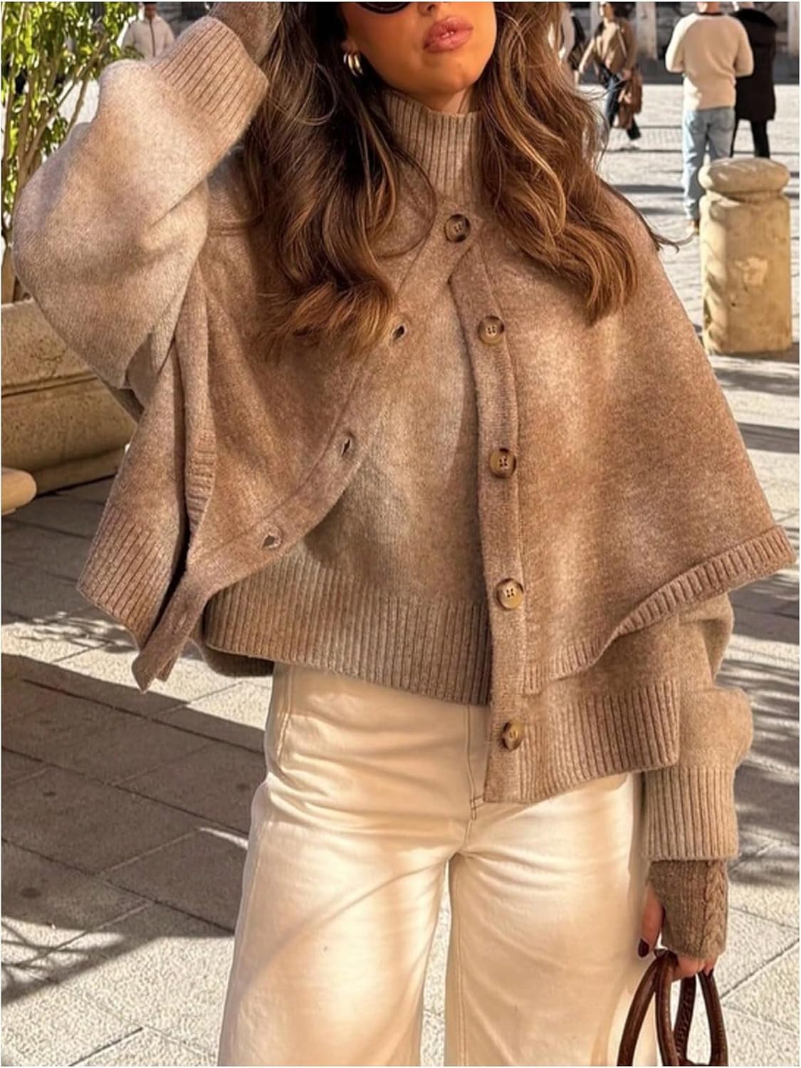 MakeMeChic Women's Button Down Cardigan Sweaters Crew Neck Half Sleeve Tiered Layer Sweater - Image 6