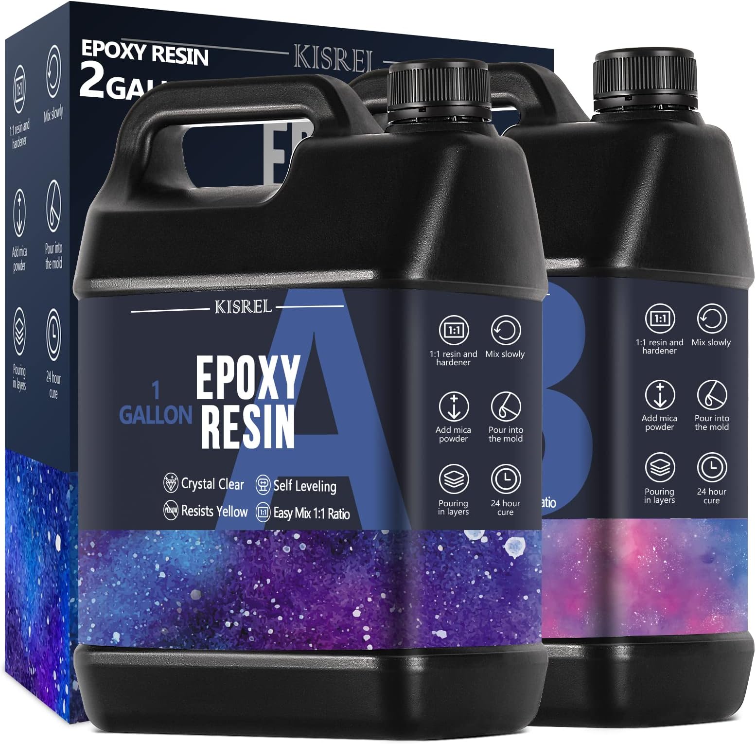 KISREL Epoxy Resin 2Gallon - Crystal Clear Epoxy Resin Kit - No Yellowing No Bubble Art Resin Casting Resin for Art Crafts, Jewelry Making, Wood & Molds(1 Gallon x 2)