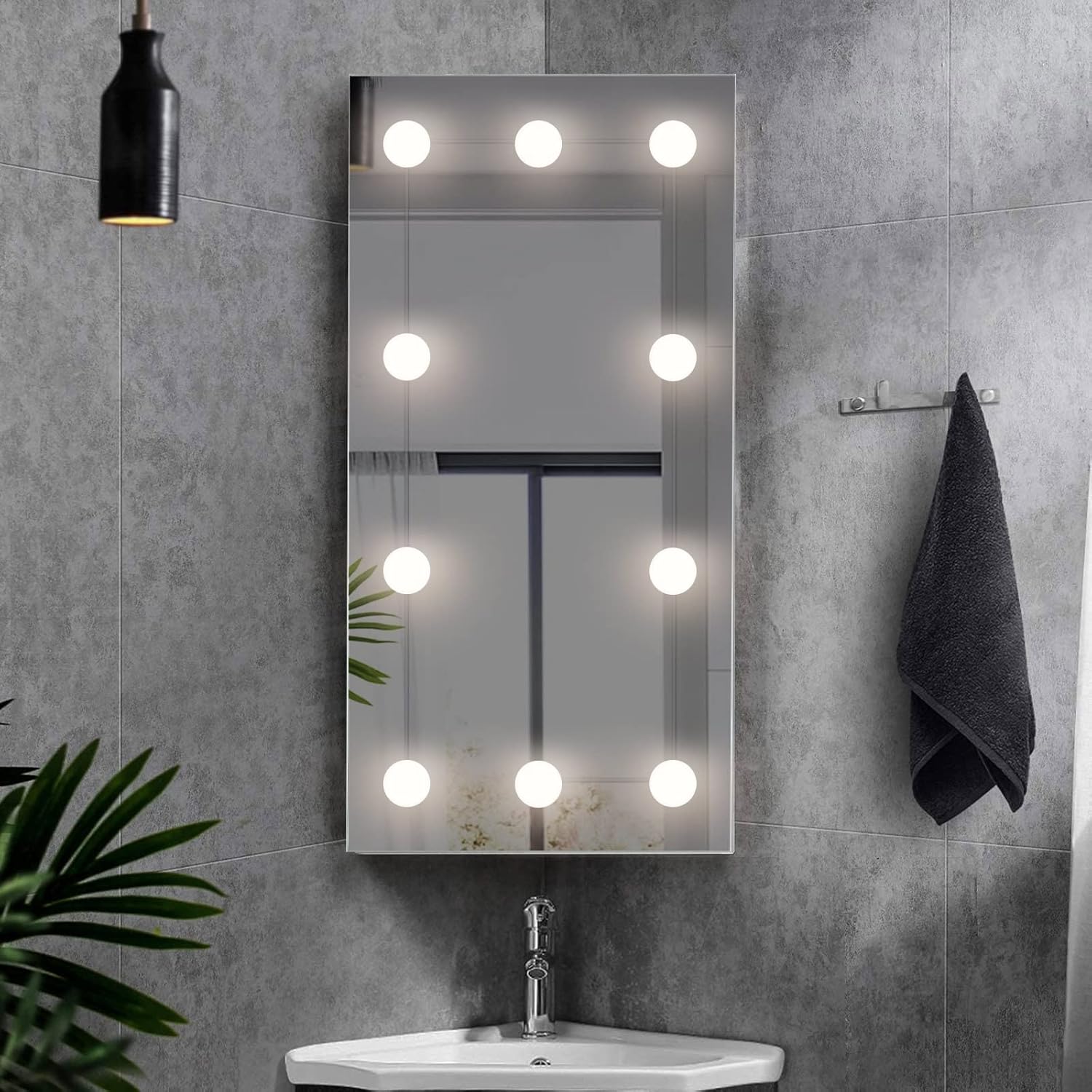 OFCASA 1 Door Bathroom Mirror with LED Bulb Lights Corner