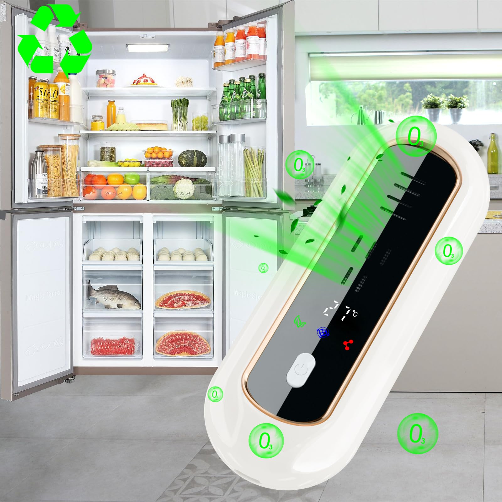 Dezodorator do lodówki z 3 trybami, monitorowanie temperatury i poziomu baterii, eliminator zapachów w lodówce z wyświetlaczem LED, ładowalny odświeżacz powietrza do szafy, zwierząt domowych