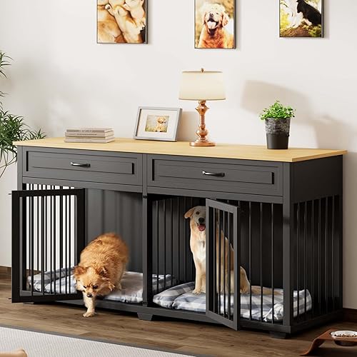 Lovinouse Premium Dog Crate Furniture with 2 Drawers, 72.4 Inch Wooden Dog Kennel with 2 Room and Removable Divider, Dog Crate End Table for Small Medium Large X-Large Dogs