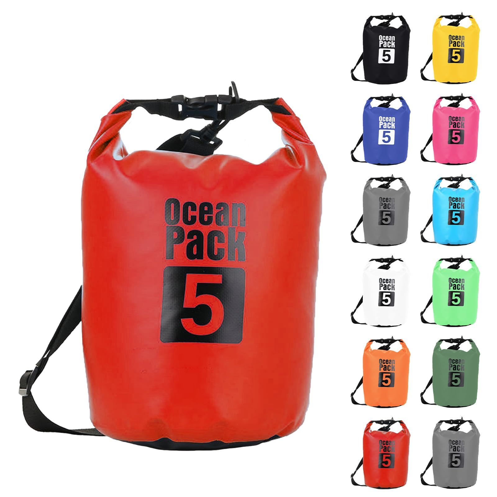 MOMAHUA 5L Waterproof Dry Bag with Single Shoulder Strap - Red Durable PVC Roll Top Dry Sack - Reusable Gear Protector for Kayaking, Boating, Beach, Swimming, Camping and Outdoor Sports