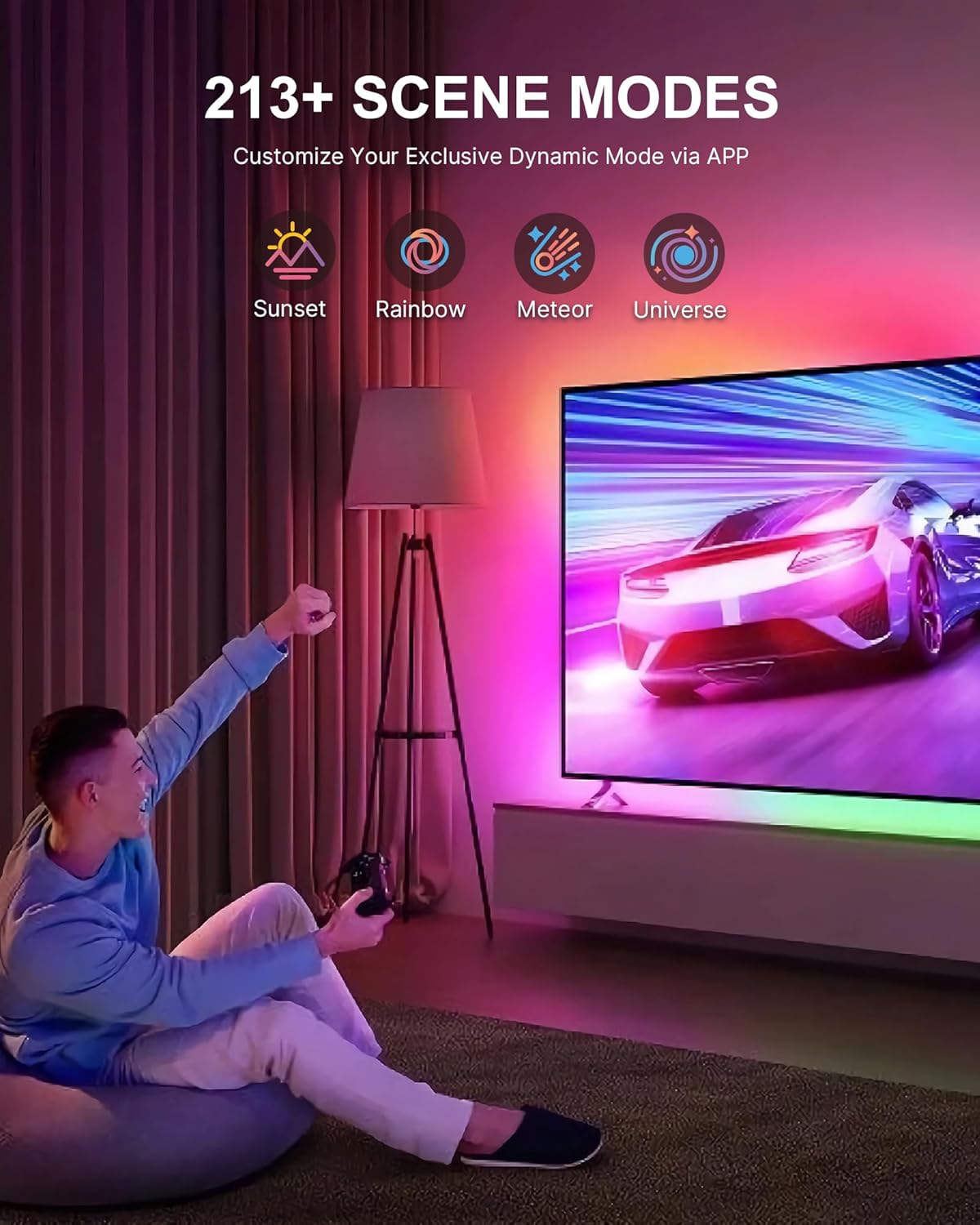 TV LED Backlight, 4 Pre-Cut 1.64ft/6.56ft Short LED Light Strip for Shelves, Remote and APP Control, USB-A/C RGB Color Changing Gaming Lights with DIY Mode and Music Mode, 96 LEDs