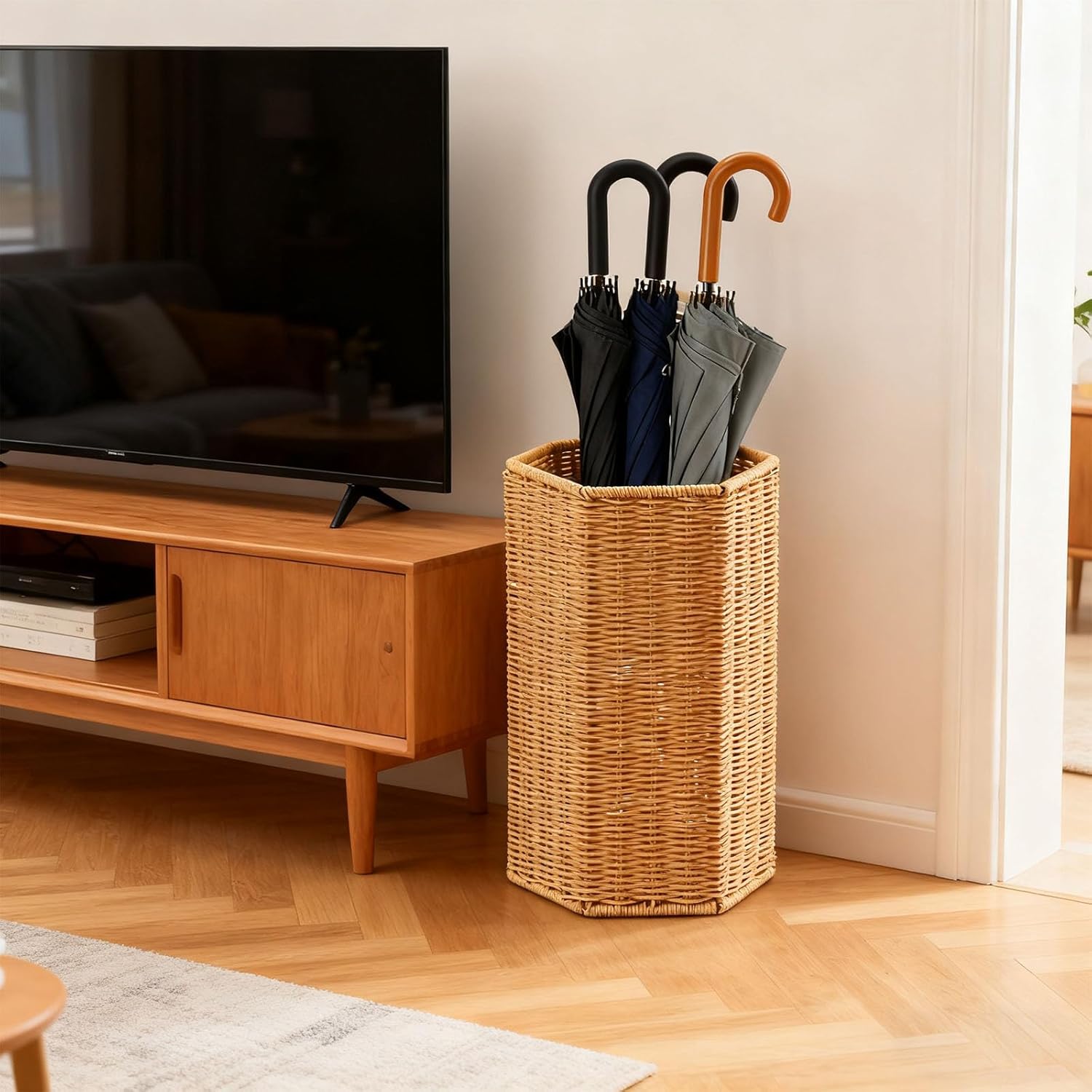 Waterproof Plastic Umbrella Stand, Tan Woven Design, Includes Drainage Tray, Hexagonal, 7.5 X 8.3 X 15.6 in, Umbrella Holder for Home, Hotel, Office, Yoga Mat Storage