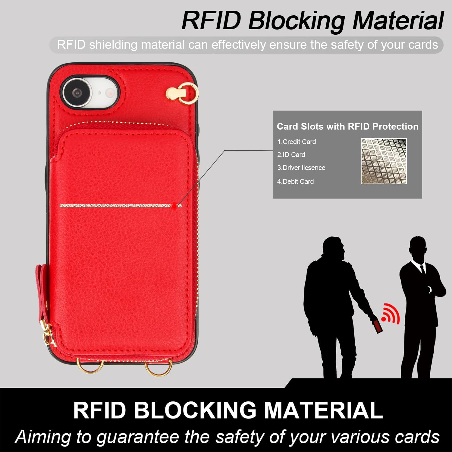 Bocasal Crossbody Wallet Case for iPhone 17e/16e, RFID Blocking Leather Purse Case with Card Holder, Protective Handbag Flip Cover with Zipper Wrist Strap Lanyard for Women 5G 6.1 Inch (Red)