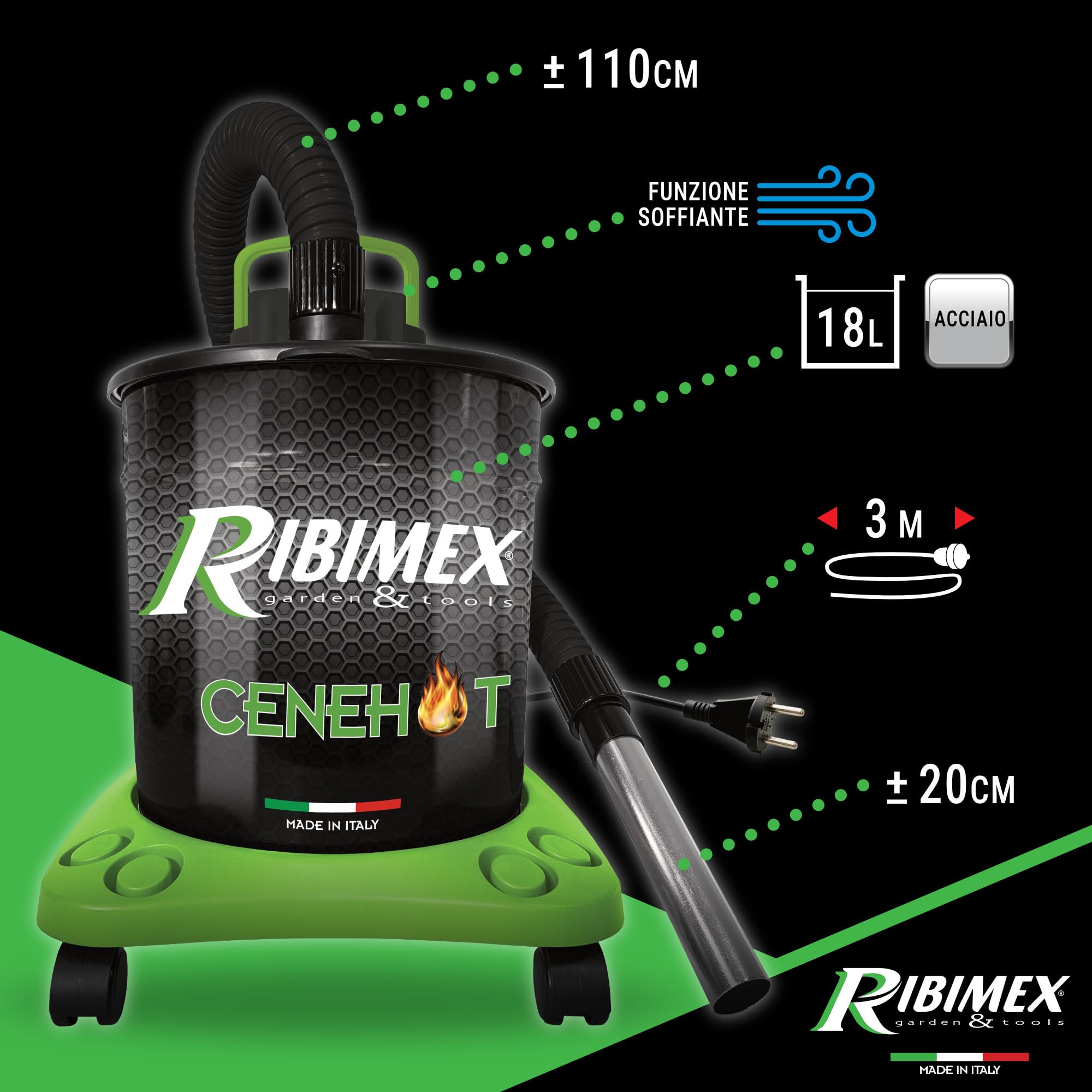 Ribimex Aspiracenere Elettrico Cenehot per Ceneri Calde fino a 40 Gradi, con Filtro HEPA Speciale, Bidone da 18 L, Potenza 950 W, Ideale per Stufe, Caminetti e Barbecue - PRCEN008