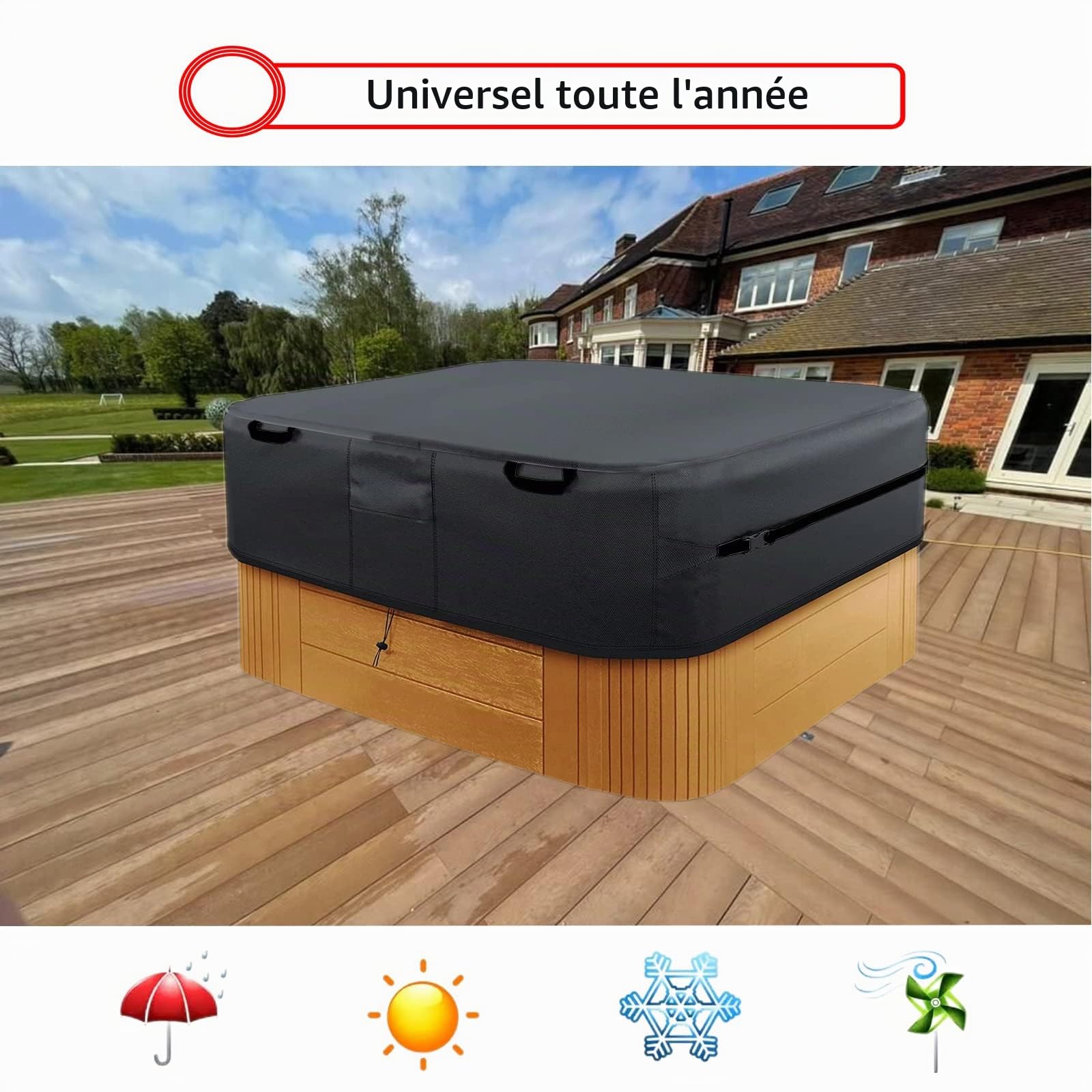 Bache Spa ImperméAble, 600D Couverture Spa, Housse De Protection pour Bain à Remous Étanche à la poussière et aux UV Coupe Vent - Noir (240 * 240 * 85cm)