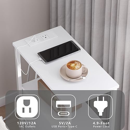 Miniatura 7 de TUTOTAK Mesa auxiliar estrecha pequeña con estación de carga, mesa auxiliar con tomas, mesita de noche con 2 cajones de tela, mesa de sofá, para