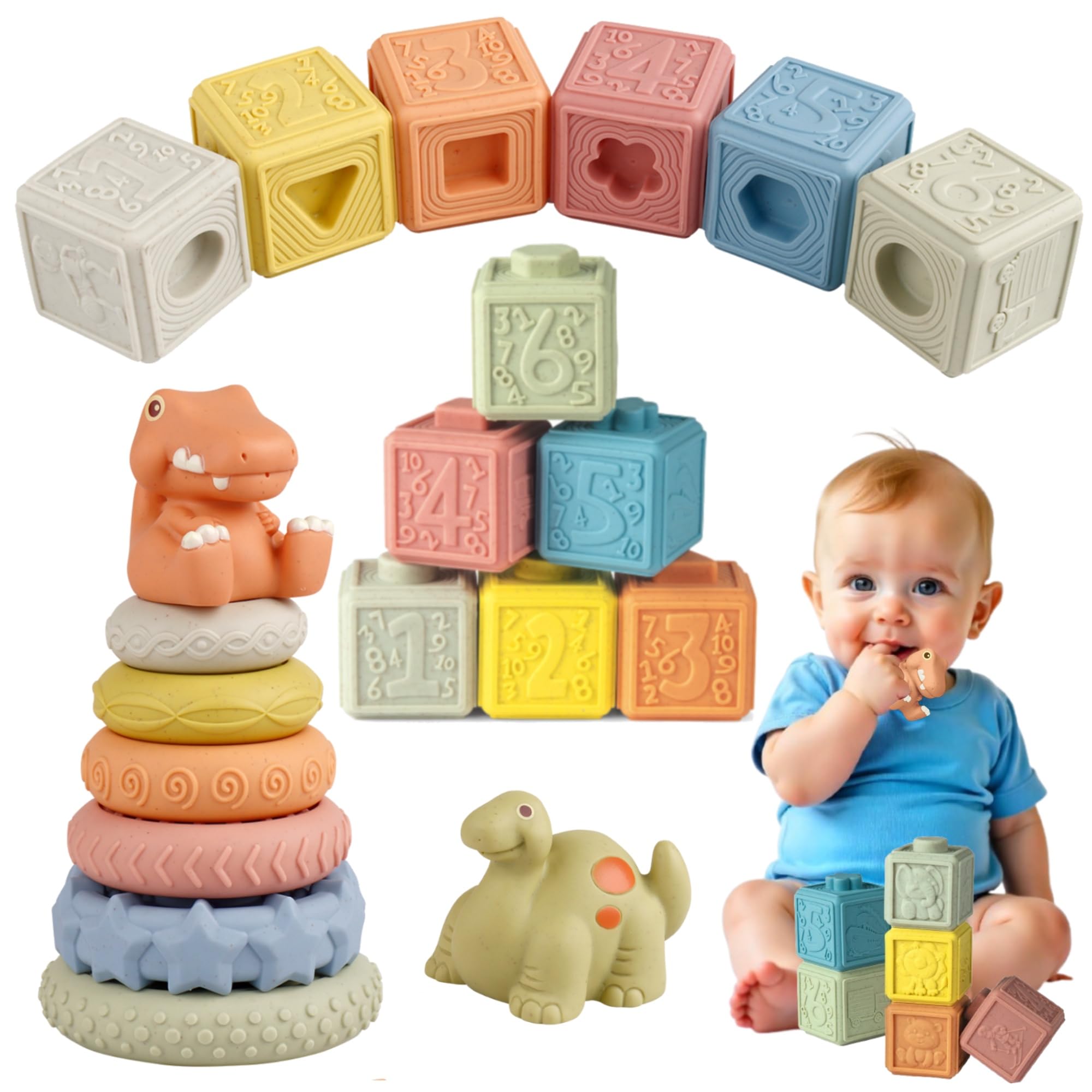 BERYLED Juguetes Apilables Montessori Coloridos, Bloques Blandos y Mordedor, Apilamiento con Números, Patrones, Regalo Sensorial Educativo para Bebes de 6 a 72 Meses (Kit Montessori)