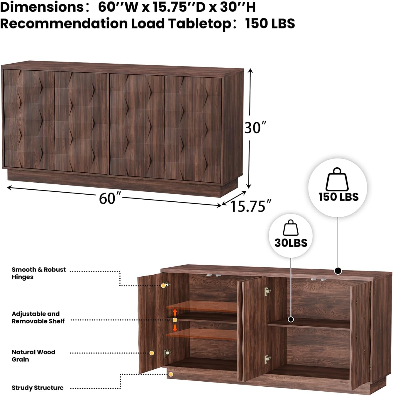 60" Walnut Sideboard Buffet Cabinet with Hexagon Textured Doors, Mid Century Modern 4-Door Credenza with Storage for Kitchen, Living Room, or Entryway (60" W × 30" H × 15.75" D)