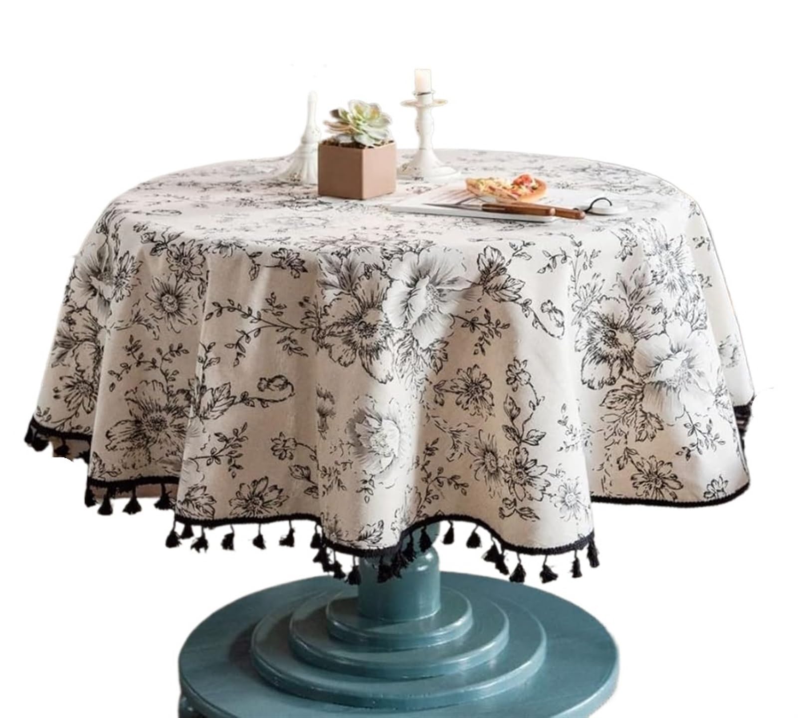 Nappe ronde en coton et lin noir et blanc de 150 cm avec pompons élégants