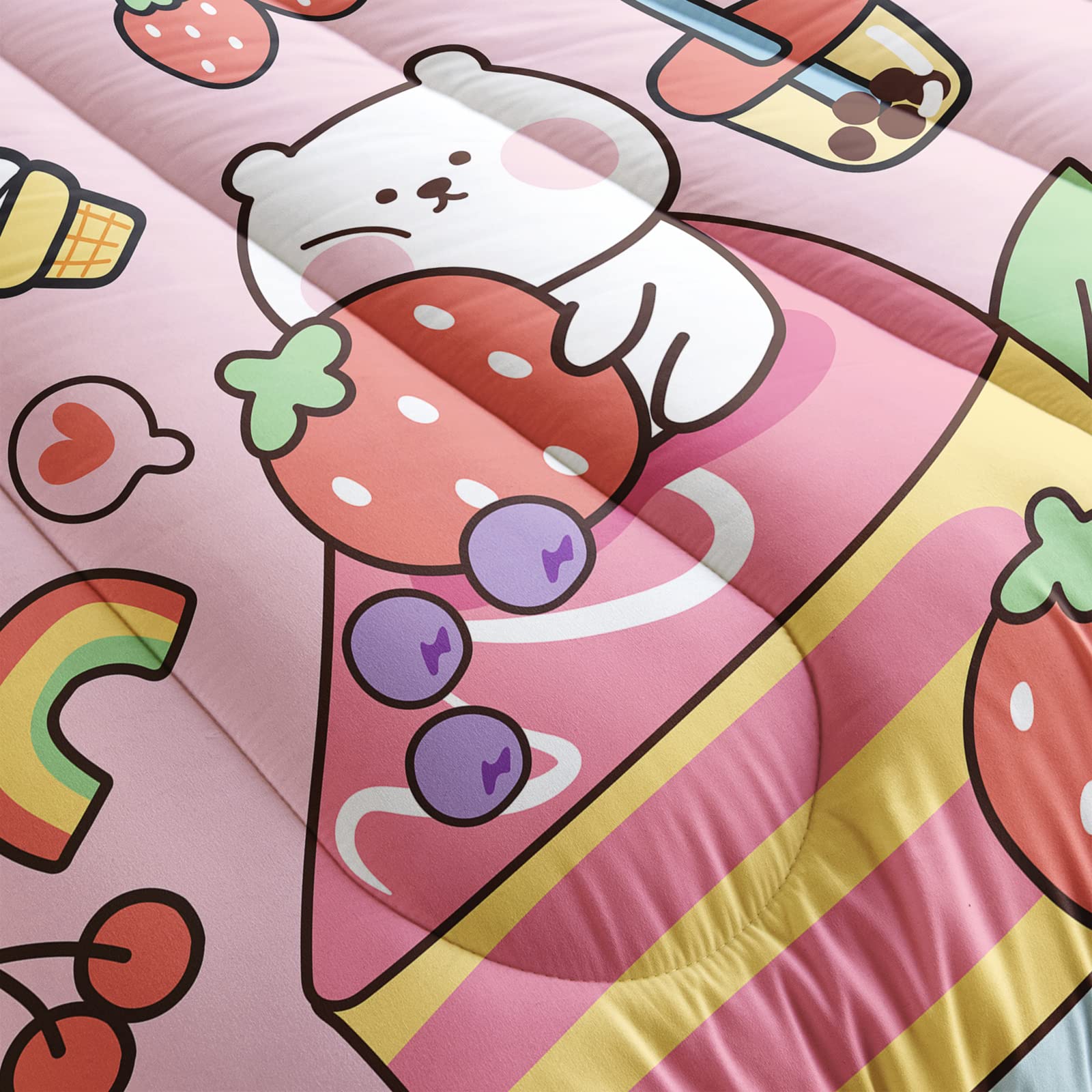 QOOMO Kawaii miś kołdra pełna, różowy miś zestaw kołdry dla dzieci nastolatków dziewcząt, 3 szt. zestaw pościeli z nadrukiem kołdra z 2 poszewkami na poduszki, alternatywna dla puchu, miękka i lekka,