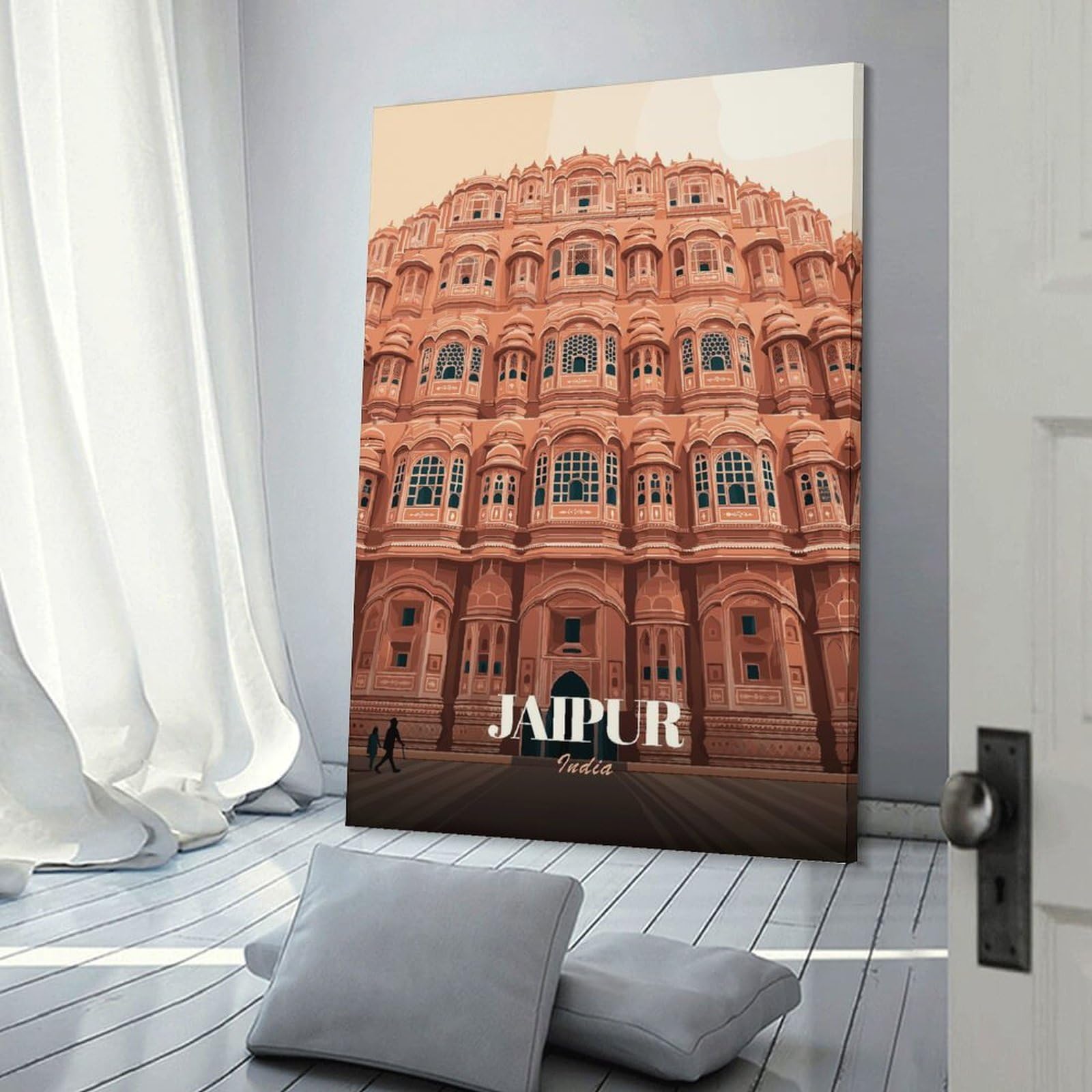 Junmoney Canvas Wall Art Hawa Mahal, Jaipur, India Illustration, 20x30inch(50x75cm), for Corridors, Hallways Or Apartment Entries, Decorative Canvas Styling for Entry Areas
