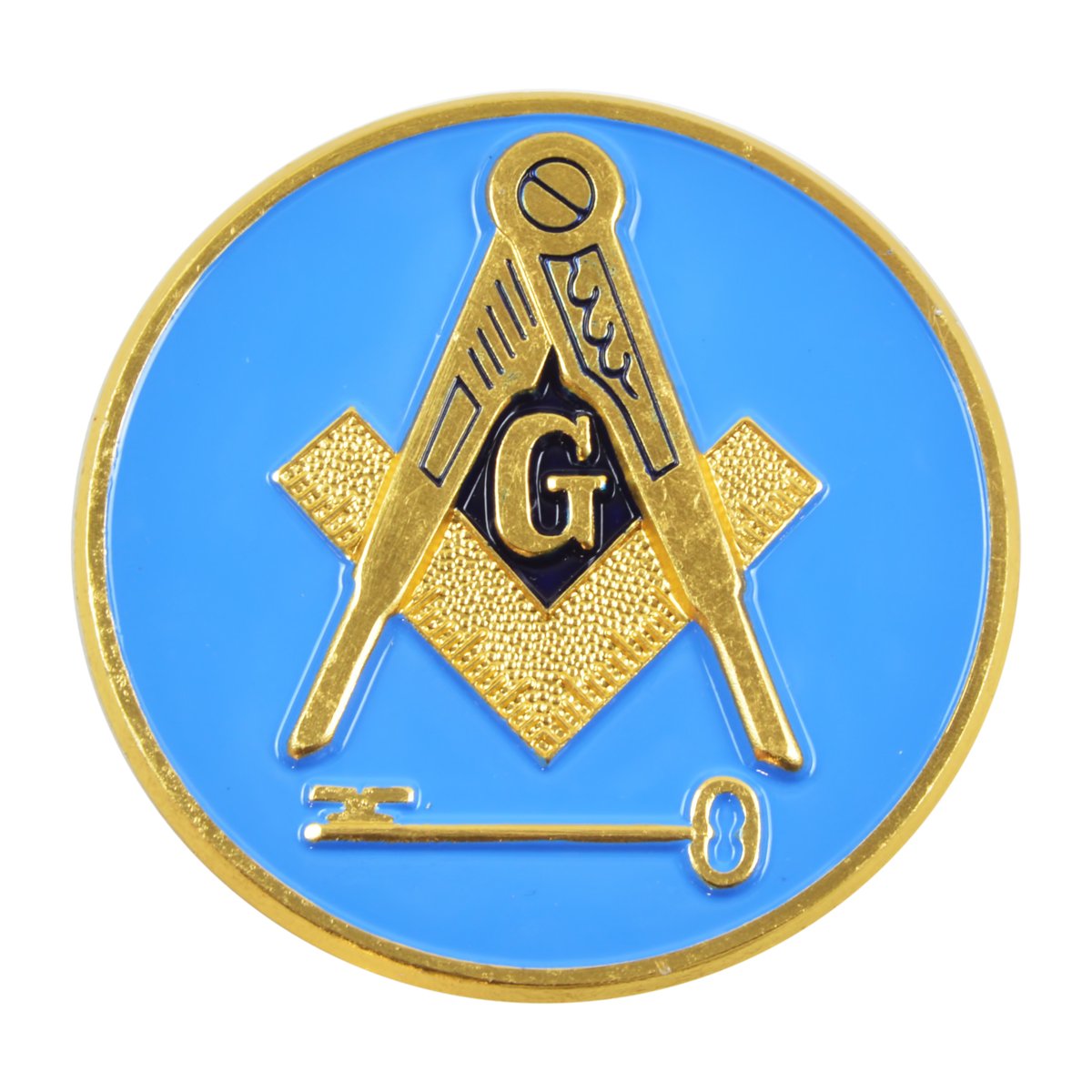 International Freemason Square & Compass with Key Round Masonic Auto Emblem - [Blue & Gold][3'' Diameter]