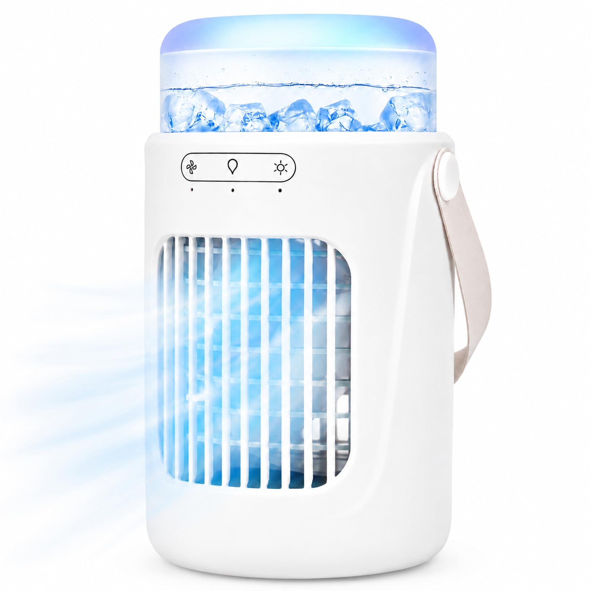WODHMIEY Portable Air Conditioner Fan, USB Rechargeable Mini Air Cooler with 600ml Water Tank, 3 Speeds, Cooling Mist, Night Light and Handle for Comfortable Desk Use at Home Office Dorm Camping