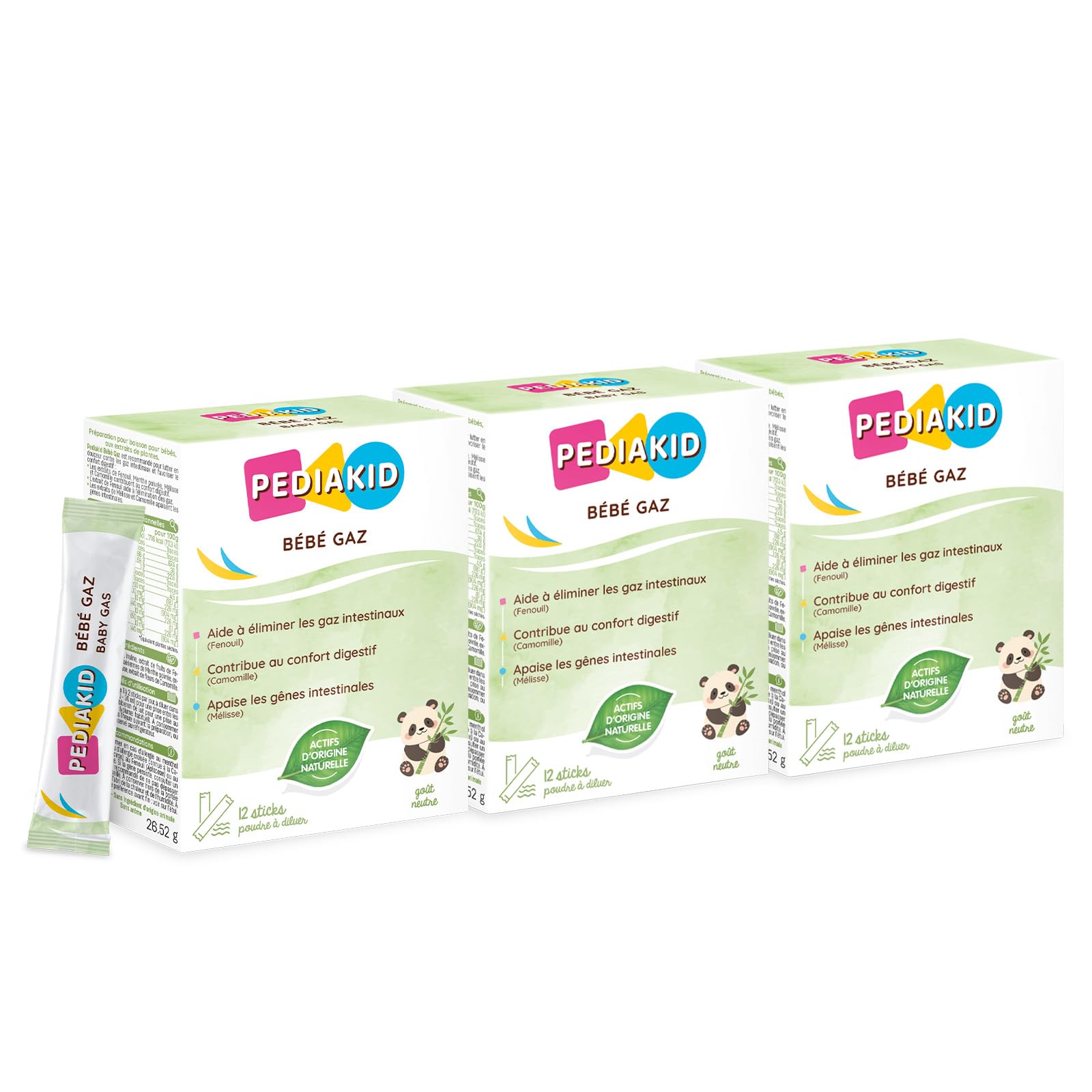 PEDIAKID - Bébé Gaz - Aux extraits de plantes & fibres - Aide à réduire les gaz et à améliorer le confort digestif - Dès la naissance - Format sticks de poudre à diluer facile à utiliser - Lot de 3