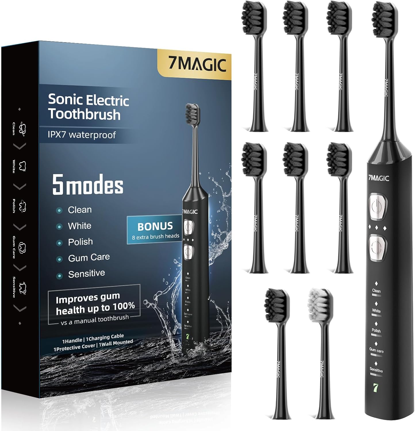 7MAGIC Sonic Electric Toothbrush for Adults and Kids - Up to 180 Days Runtime, 48000 VPM Powered Toothbrush, 5 Modes &amp; 3 Intensities for Sensitive Teeth &amp; Braces, Includes 8 Brush Heads, Black