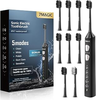 7MAGIC Sonic Electric Toothbrush: 180-Day Battery, 42,000 VPM, 5 Modes, 8 Heads for Adults, Kids, Braces & Sensitive Teeth - Black