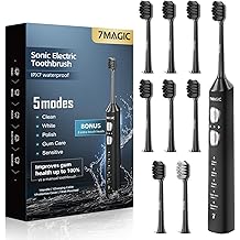 7MAGIC Sonic Electric Toothbrush for Adults and Kids - Up to 180 Days Runtime, 42000 VPM Powered Toothbrush, 5 Modes &amp; 3 Intensities for Sensitive Teeth &amp; Braces, Includes 8 Brush Heads, Black