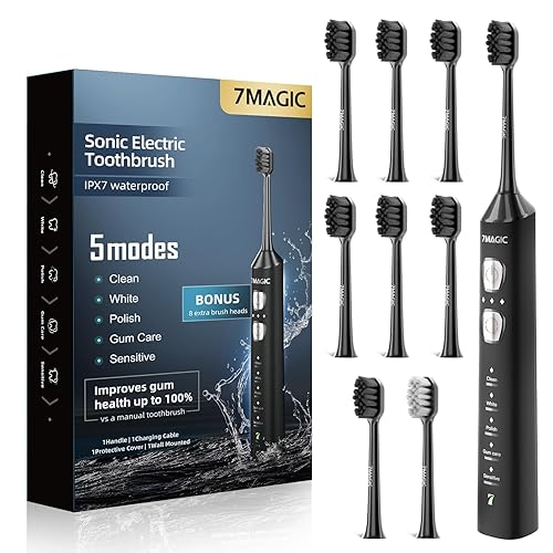 7MAGIC Sonic Electric Toothbrush for Adults and Kids - Up to 180 Days Runtime, 42000 VPM Powered Toothbrush, 5 Modes & 3 Intensities for Sensitive Teeth & Braces, Includes 8 Brush Heads, Black - Black