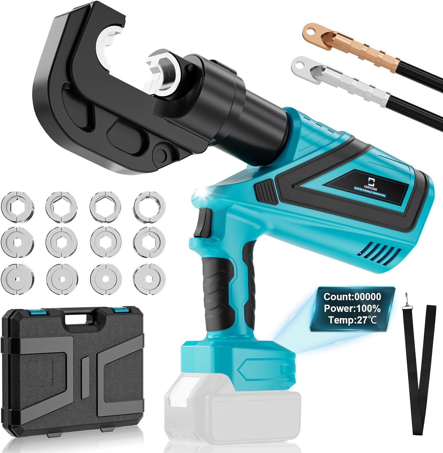 CERYCOSE Electric Hydraulic Cable Lug Crimping Tool, 12 Ton Hydraulic Crimper Compatible with Makita 18V Battery, Electrical Terminal Cable Wire Fiber Crimper Kit with 12 Dies, 6AWG-800MCM, No Battery