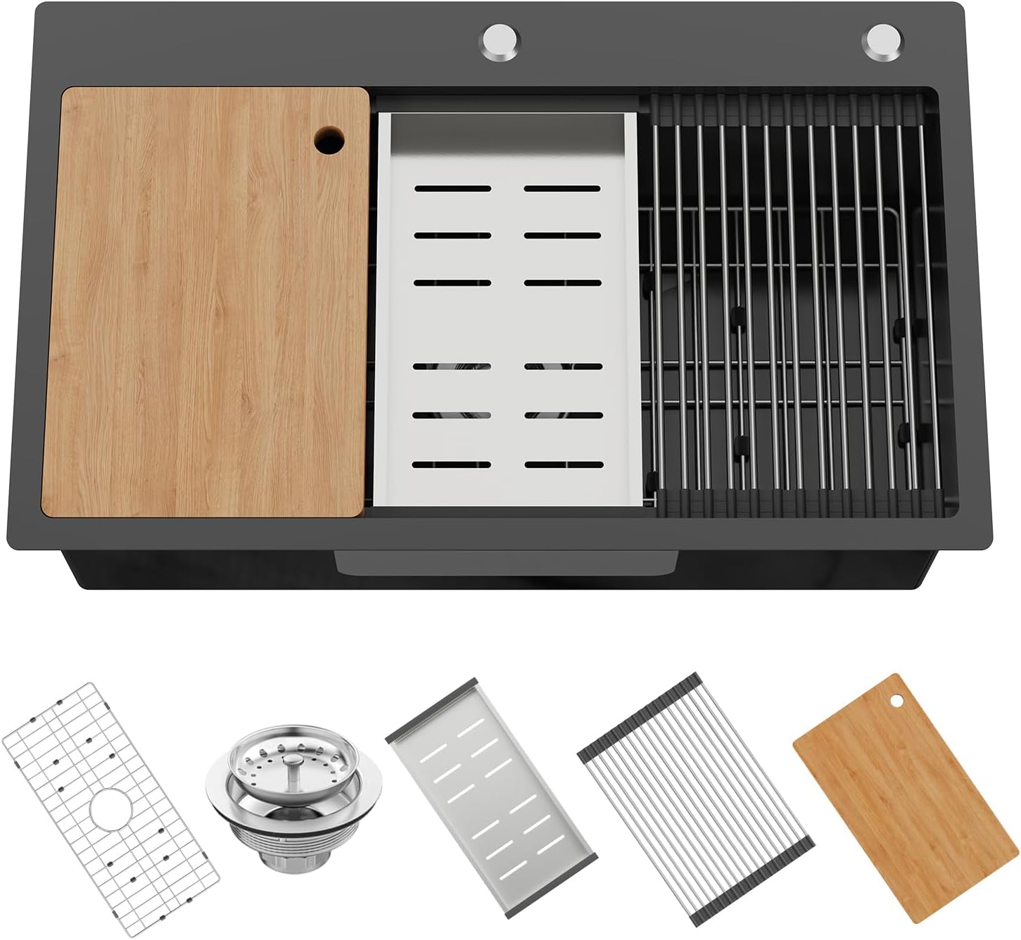 Black Kitchen Sink Workstation,30"x18" Stainless Steel Drop In Single Bowl Sink Built-in Ledge Workstation Sink Design For Placing/Sliding Accessories-Cutting Board And Drying Rack,Colander 30x18 Black