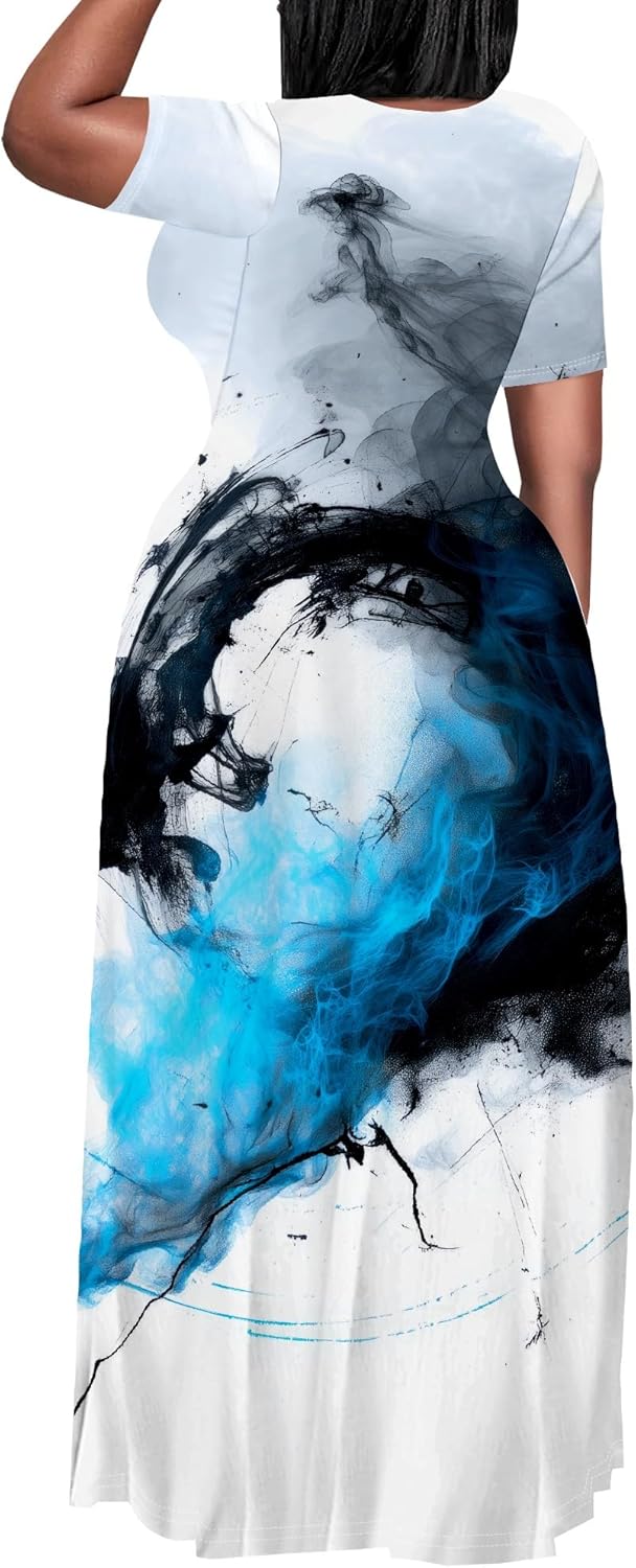 Plus Size Dress for Women Casual Crew Neck Short Sleeve Maxi Dress Oversized Summer Beach Dresses with Pockets - Image 3