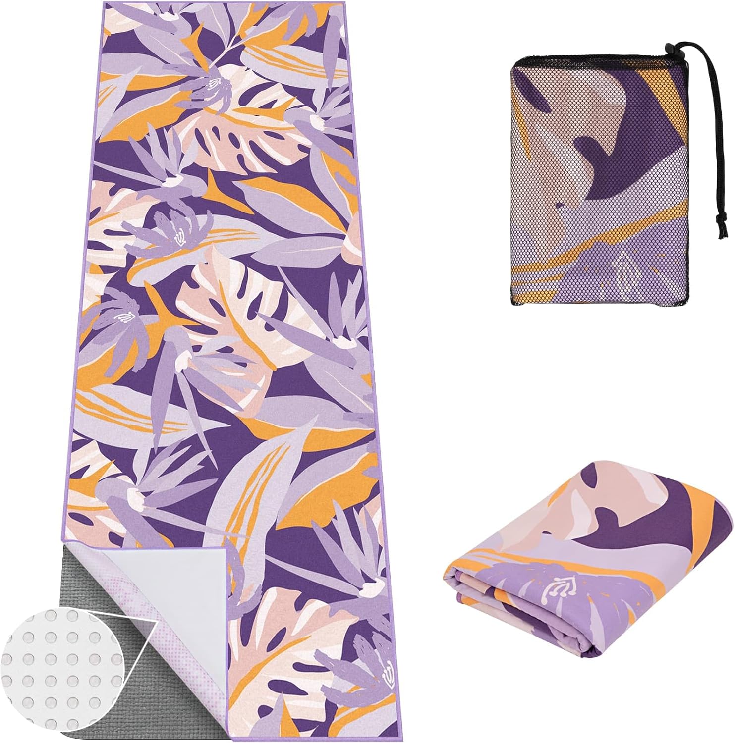 Yoga Towel Hot Yoga Mat Towel with Corner Pockets, 70 x 26 inch, Non-Slip Sweat-Absorbent Soft Microfiber Yoga Blanket for Pilates, Fitness and Workout, Purple