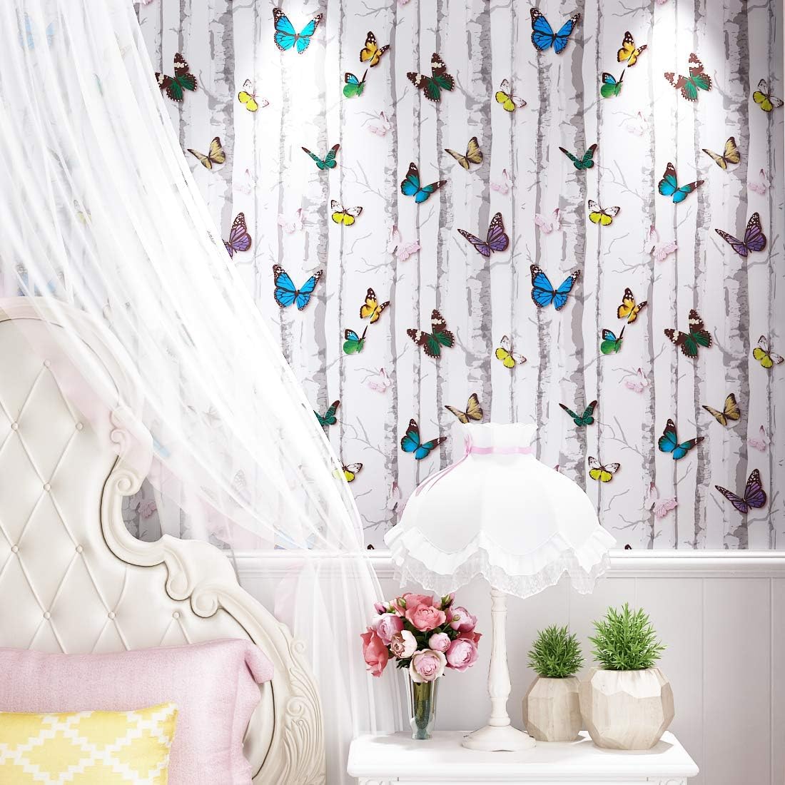 YENHOME Colorful Butterfly Wallpaper Stick and Peel Modern 17.7" X 118" Self Adhesive Insects Branches Brich Tree Wallpaper for Bedroom Nursery Bathroom Wall Paper Renter Friendly Roll