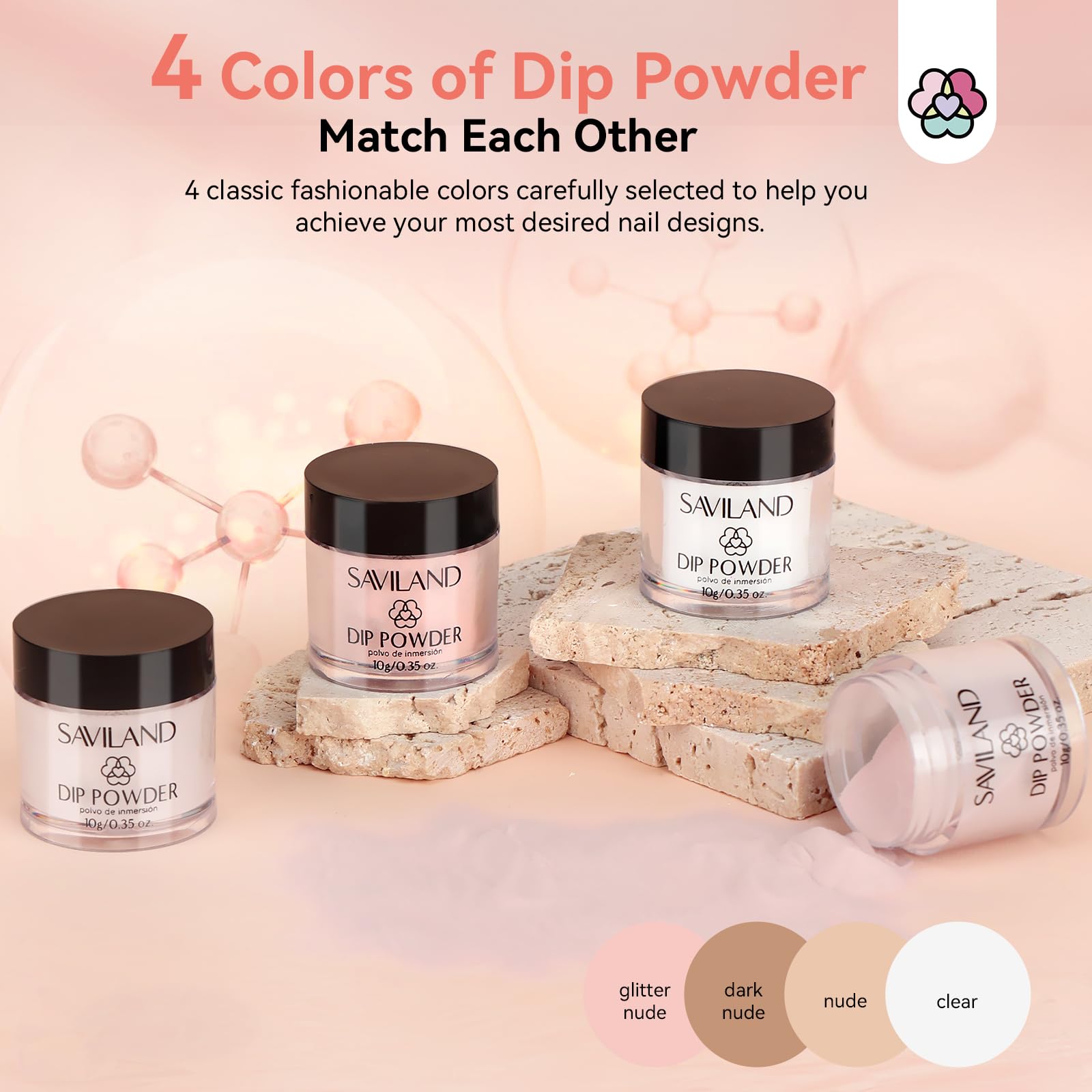 Saviland Dip Powder Nail Kit: 4 Colores de Queratina en Líquido de Polvo de Inmersión con uñas Francesas Consejos y Pegamento Dip Base & Top Coat Uñas Activador (No Necesita Lámparas de Uñas)
