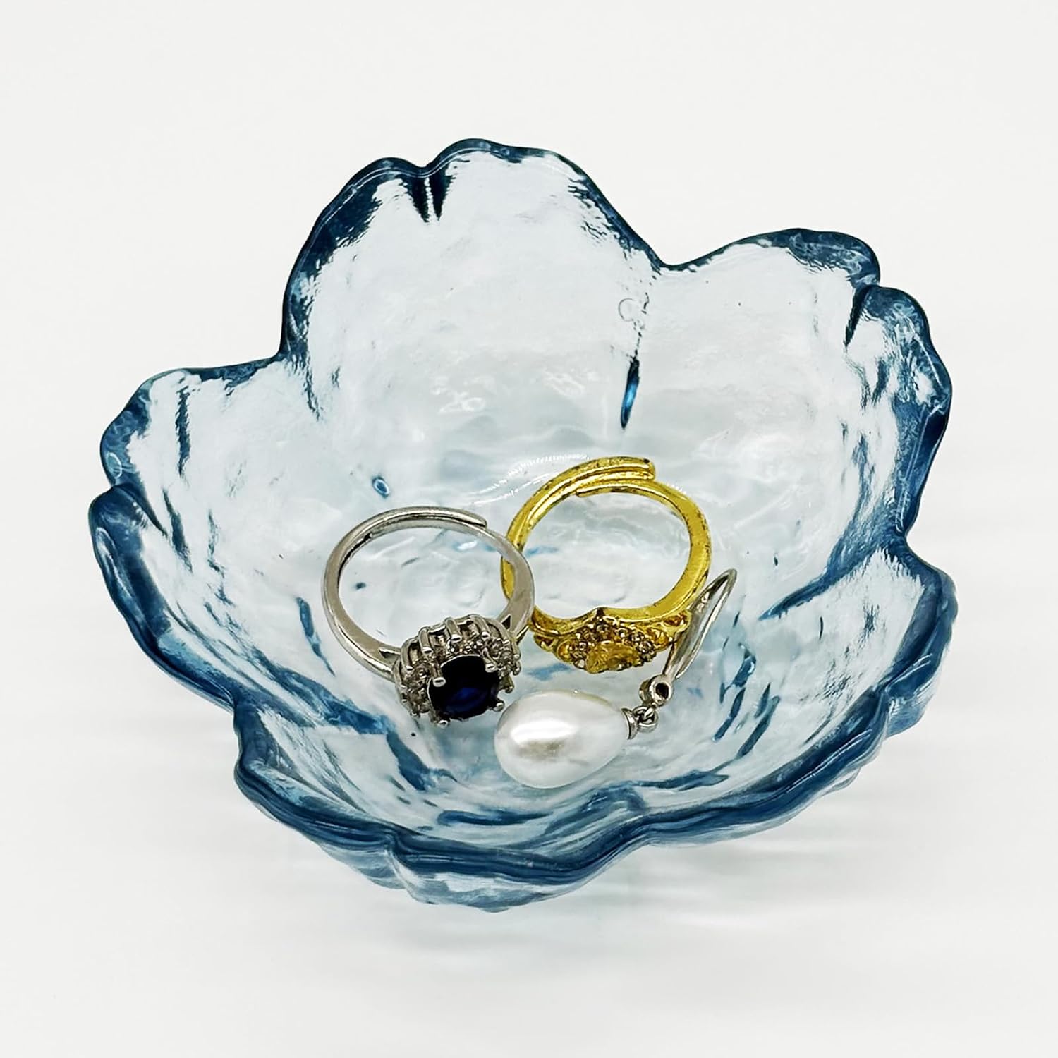 Glass Flower Ring Dish, Decorative Jewelry Tray, Clear Small Trinket Holder for Nightstand, Bathroom Organiser (Blue)
