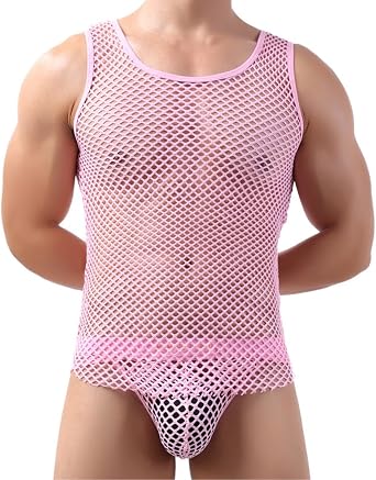 Men's Mesh Vest Fishnet See Through Crew Neck Sleeveless Hollow Out Top