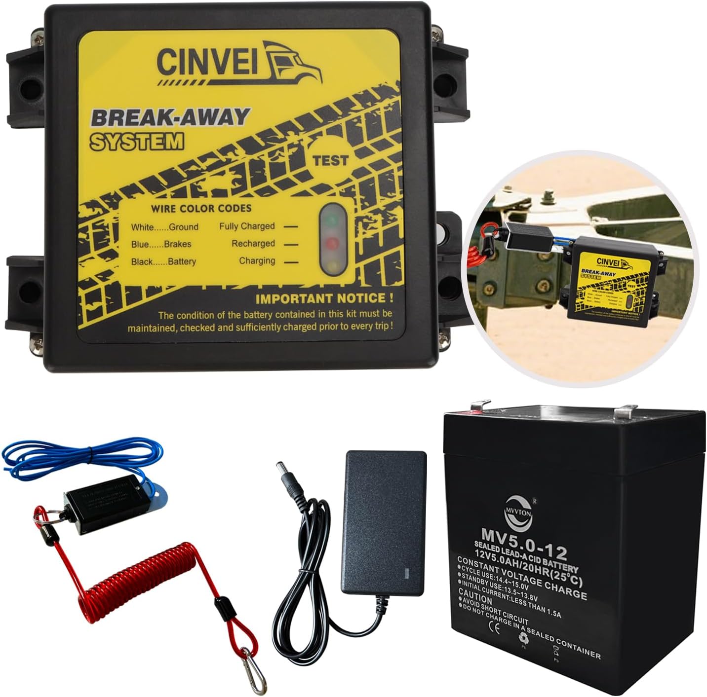 Trailer Brakes Breakaway Kit with Charger, LED Indicator, Switch, 12V 5AH Battery for Trailer Caravan