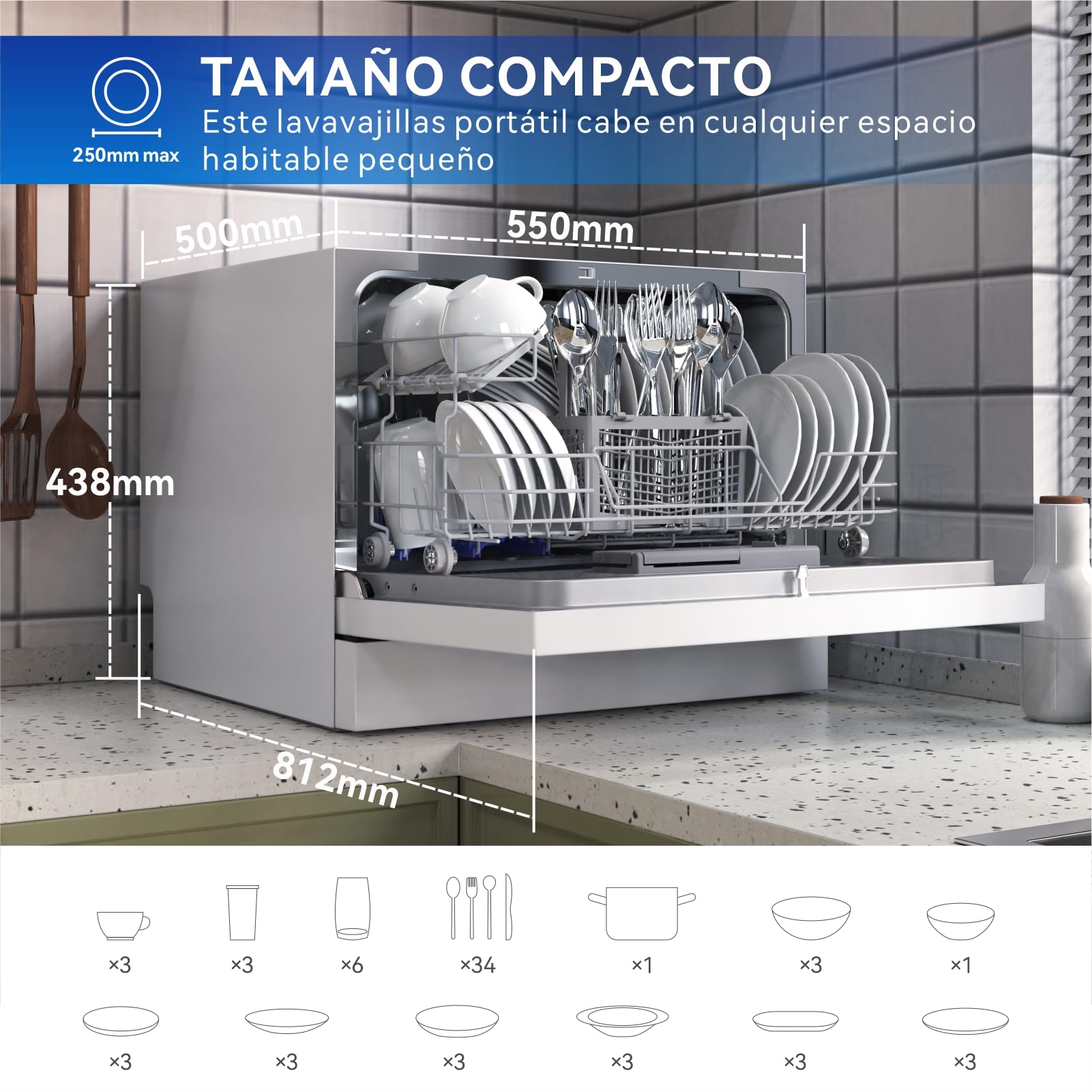 magicplux Lavavajillas compactos, 6 cubiertos, 7+1 programas de lavado, inicio retardado, función de autolimpieza, para apartamentos pequeños, mini lavavajillas con conexión de agua, blanco