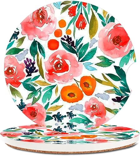 Miniatura 5 de Paquete de 2 posavasos absorbentes para portavasos de automóvil, posavasos de cerámica con diseño de margarita blanca con parte trasera de corcho y