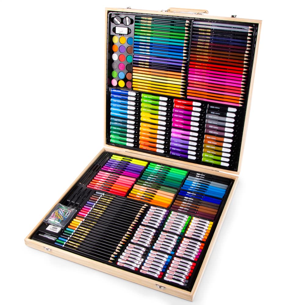 Spokey Painting Set for Children, 68-Piece Drawing Set, Wooden Painting Case, Colouring Pencils, Oil Pastels, Watercolour Paints and More (288 Pieces)