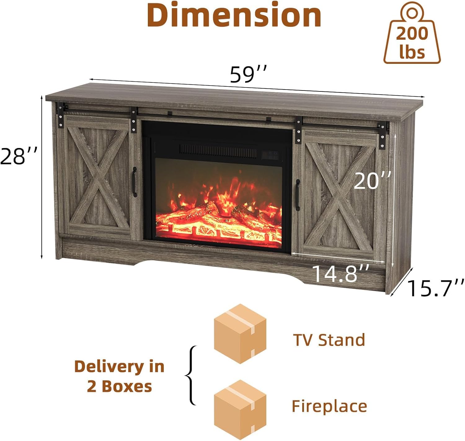 4 EVER WINNER Entertainment Center with Fireplace for 65" TV, Sliding Barn Door, Farmhouse Fireplace TV Stand with Adjustable Storage Cabinets, TV Console Table for Living Room, Wash Grey